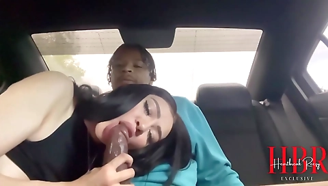 Busty girl has her big dick deepthroat and rode in a car