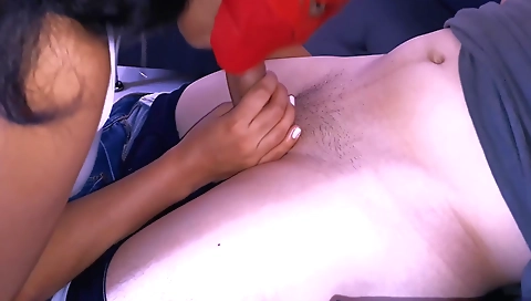 Ebony teen 18+ is getting a good handjob from behind