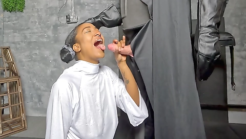 Brunette babe gives a footjob with a large black creampie