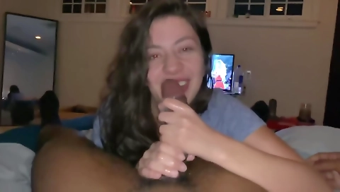 Brunette gets fucked in deep throat in an amateur interracial scene