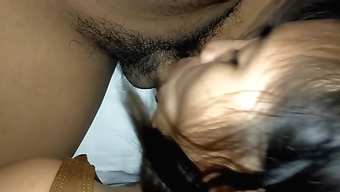 Asian teen 18+ with a hairy pussy sucking on a big cock