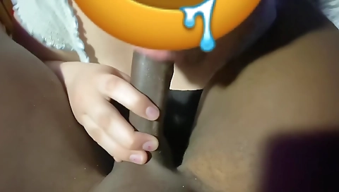 Busty brunette with big black ass fucks her dick 1st