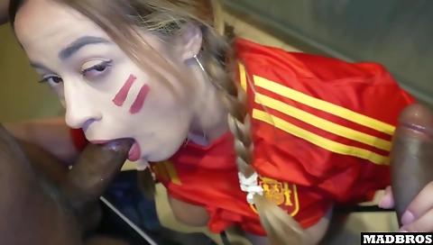 French brunette with a huge cock in her asshole and cunt