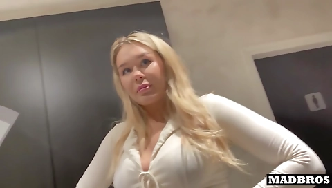Blonde milf fucks in the elevator and the toilet in an amateur vid