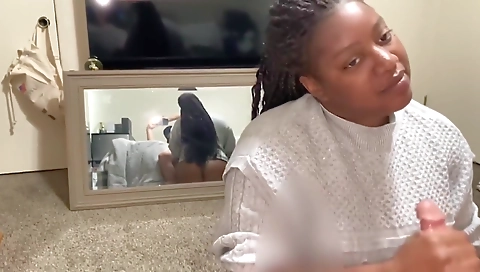 Horny ebony babe is fucking and sucking a dick in g-string