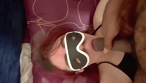 Brunette stepsister gives a deepthroat handjob and takes a dick deep