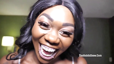 Ebony chick gets fucked by a hot dude and takes cum in mouth