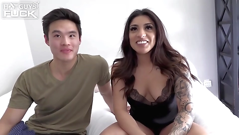 Ebony girl and her tattooed lover have interracial threesome