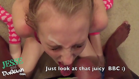 Slutty blonde gets a deepthroated facial from a black dude