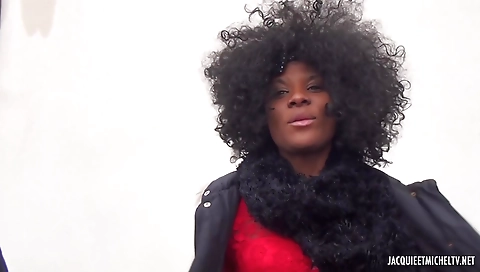 Ebony girl and black dude in black stockings in threesome