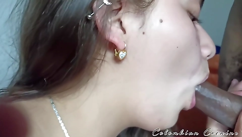 Brunette stepsister eats cum from her stepsister's mouth