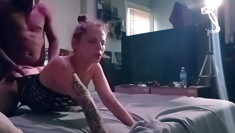 Brunette teen in red lingerie caught watching porn